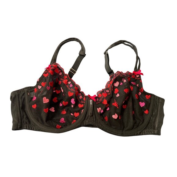 Cacique 44D Unlined Balconette Bra Heart Embroidery In Black & Red Coquette - Picture 1 of 9